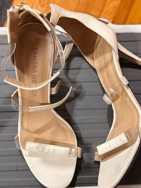 Tamara Mellon Cream Ankle-Strap Sandals with Clear Straps